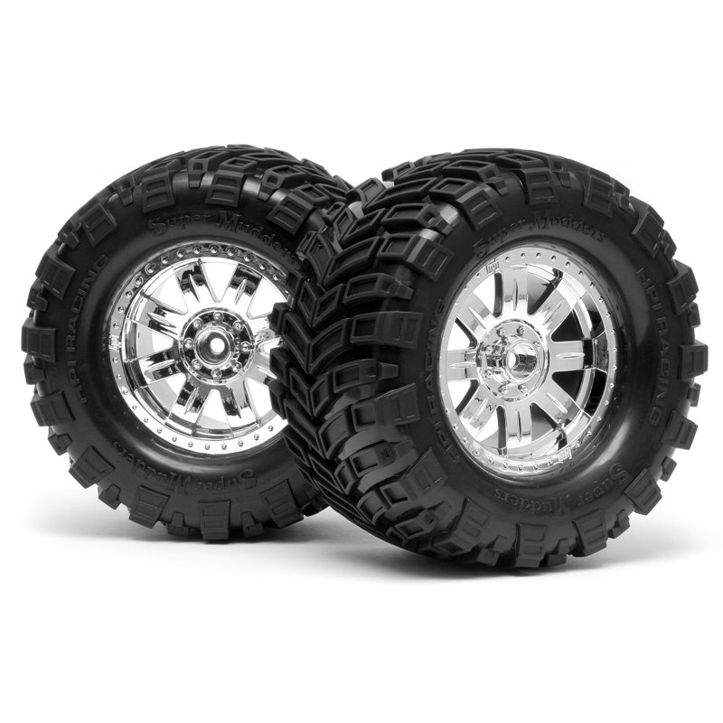 Hpi Racing  MOUNTED SUPER MUDDERS TIRE 165x88mm on RINGZ WHEEL SHINY CHROME 4726