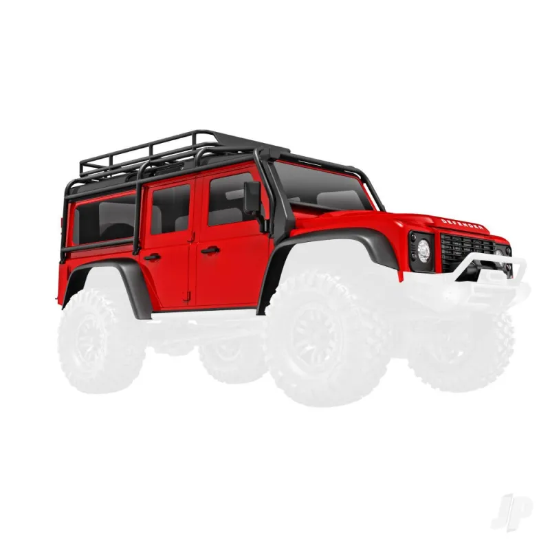 Traxxas Body, Land Rover Defender, complete, red (includes grille, side mirrors, door handles, fender flares, windshield wipers,