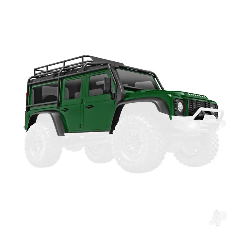 Traxxas Body, Land Rover Defender, complete, green (includes grille, side mirrors, door handles, fender flares, windshield wiper