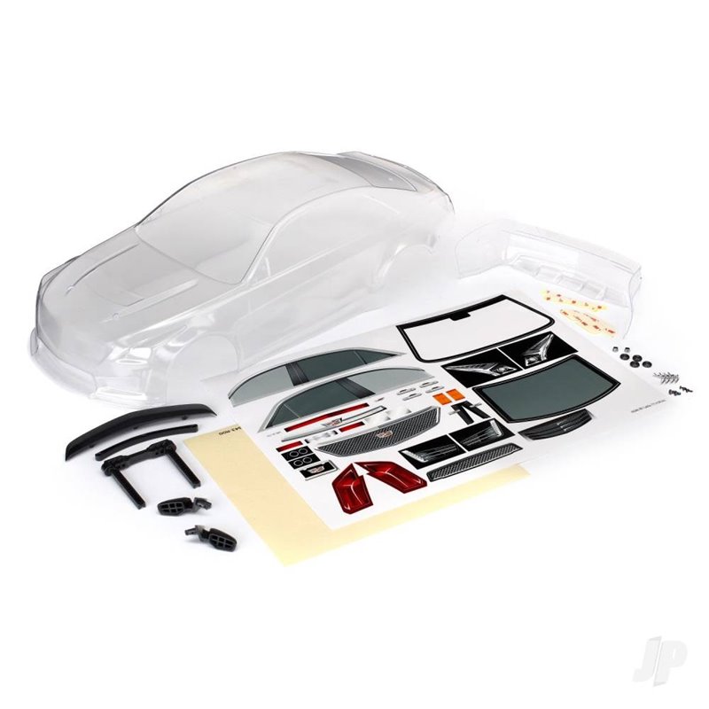 Traxxas Body, Cadillac CTS-V (clear, requires painting) / decal sheet (includes side mirrors, spoiler, & mounting hardware)