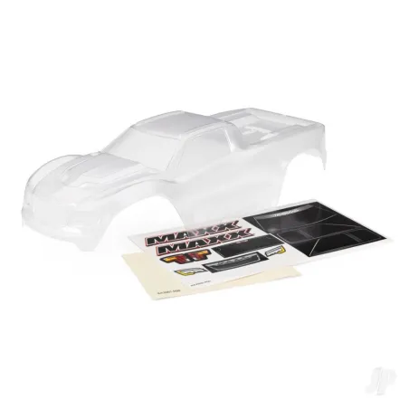 Traxxas Body, Maxx (clear, requires painting)/ window masks/ decal sheet (fits Maxx with extended chassis (352mm wheelbase))