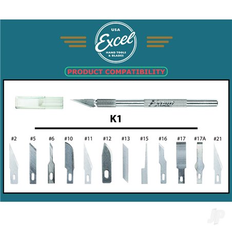 Excel K1 Knife, Light Duty Round Aluminium with Safety Cap, 6x Assorted Blades (Carded)