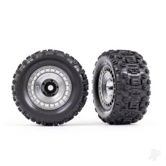 Traxxas Tyres and wheels, assembled, glued (3.8in satin chrome wheels, satin chrome wheel covers, Sledgehammer tyres, foam inser