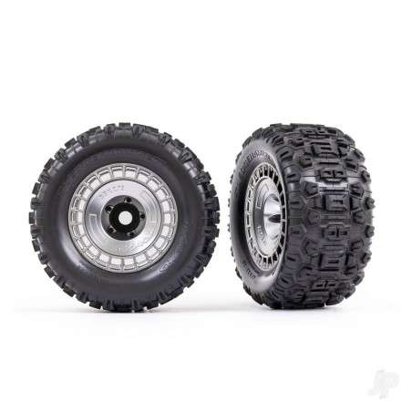 Traxxas Tyres and wheels, assembled, glued (3.8in satin chrome wheels, satin chrome wheel covers, Sledgehammer tyres, foam inser