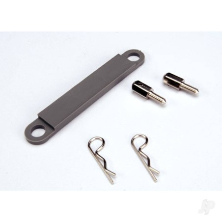 Traxxas Battery hold-down plate (grey) / metal posts (2 pcs) / Body clips (2 pcs)