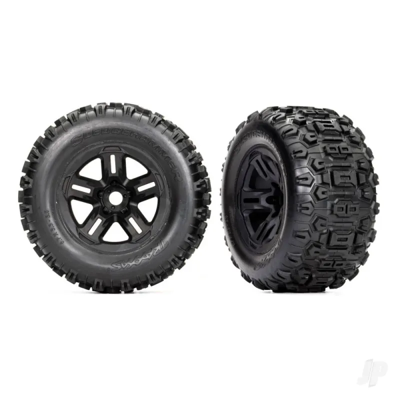 Traxxas Tyres and wheels, assembled, glued (3.8in black wheels, Sledgehammer Tyres, foam inserts) (2)