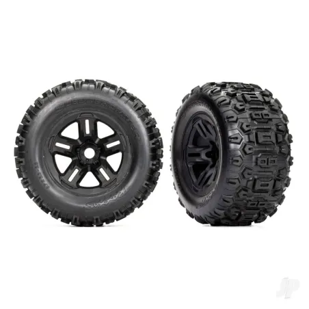 Traxxas Tyres and wheels, assembled, glued (3.8in black wheels, Sledgehammer Tyres, foam inserts) (2)