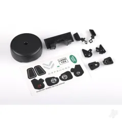 Traxxas Grille/ mirrors, side (left & right)/ spare Tyre cover/ light retainers, body (front & rear, left & right)/ decal sheet 