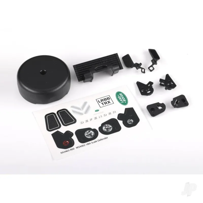 Traxxas Grille/ mirrors, side (left & right)/ spare Tyre cover/ light retainers, body (front & rear, left & right)/ decal sheet 