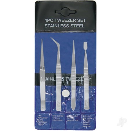Excel 4-Piece Stainless Steel Tweezer Set with Pointed, Self Closing, Stamp, Curved (4 pcs) (Pouch)