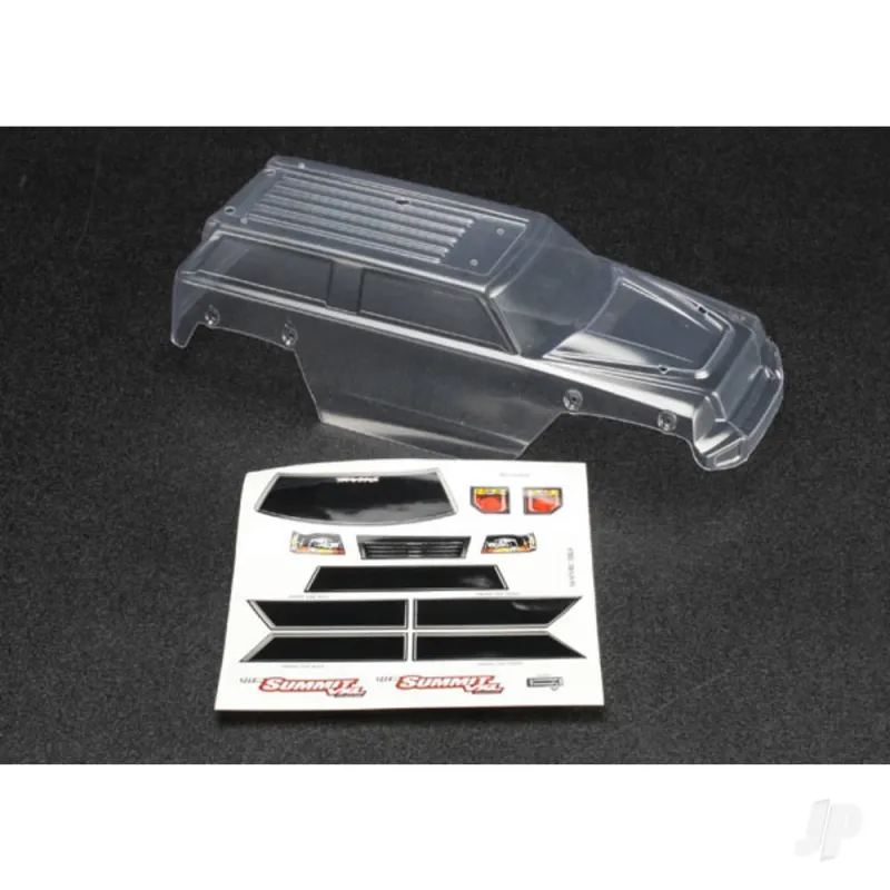 Traxxas Body, 1:16 Summit (clear, requires painting) / grille, lights decal sheet