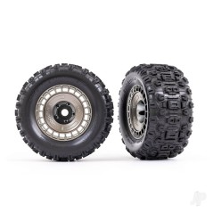 Traxxas Tyres and wheels, assembled, glued (3.8in satin black chrome wheels, satin black chrome wheel covers, Sledgehammer tyres
