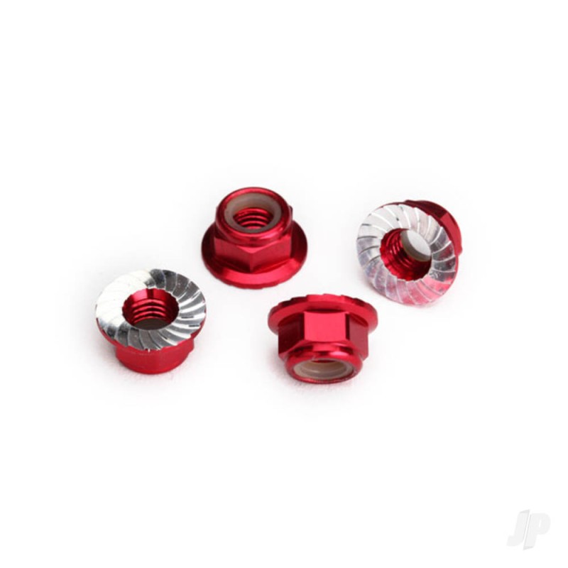 Traxxas Nuts, 5mm flanged nylon locking (Aluminium, Red-anodised, serrated) (4 pcs)