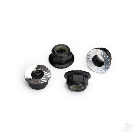 Traxxas Nuts, 5mm flanged nylon locking (Aluminium, black-anodised, serrated) (4 pcs)
