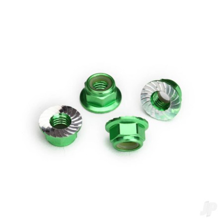 Traxxas Nuts, 5mm flanged nylon locking (Aluminium, Green-anodised, serrated) (4 pcs)