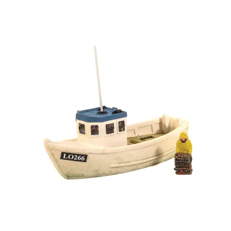 HARBURN HOBBIES Lobster Boat (Blue Roof) with fisherman - L-100mm/W-36mm OO Gauge QS401